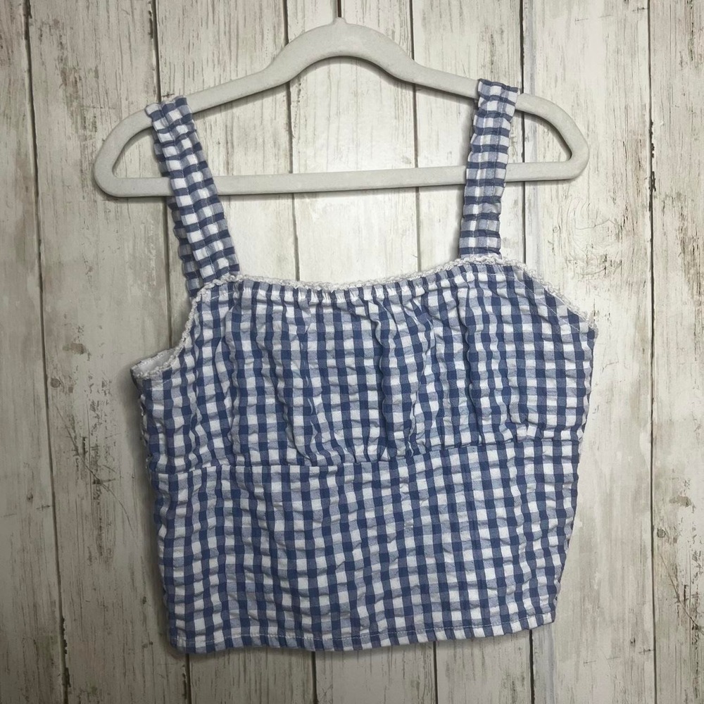 Blue and white ruffle gingham crop top girls 11-12